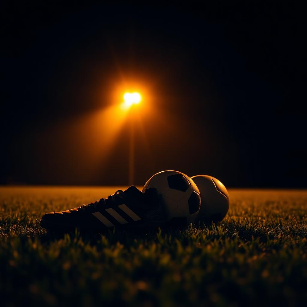 Football boots and ball on a floodlit pitch at night