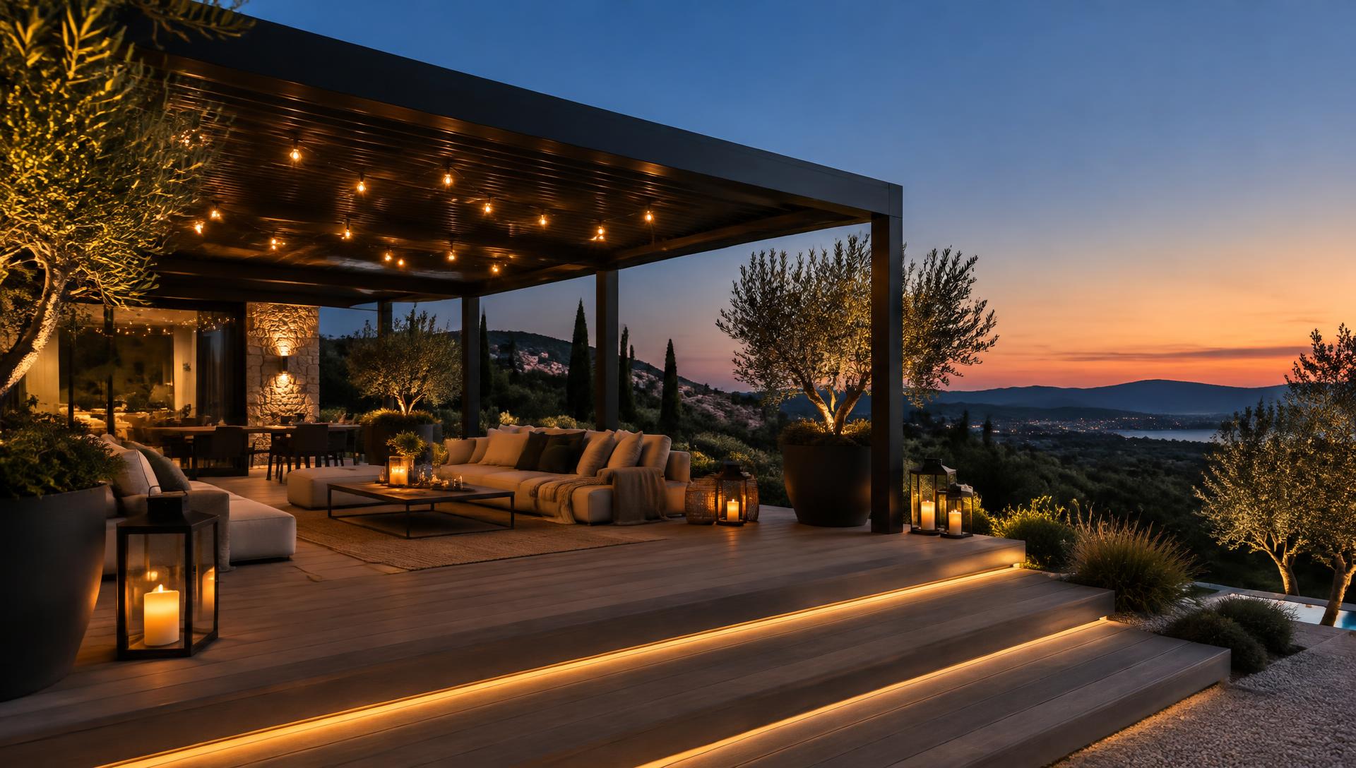 Illustrative garden with beautifully finished decking and a contemporary pergola