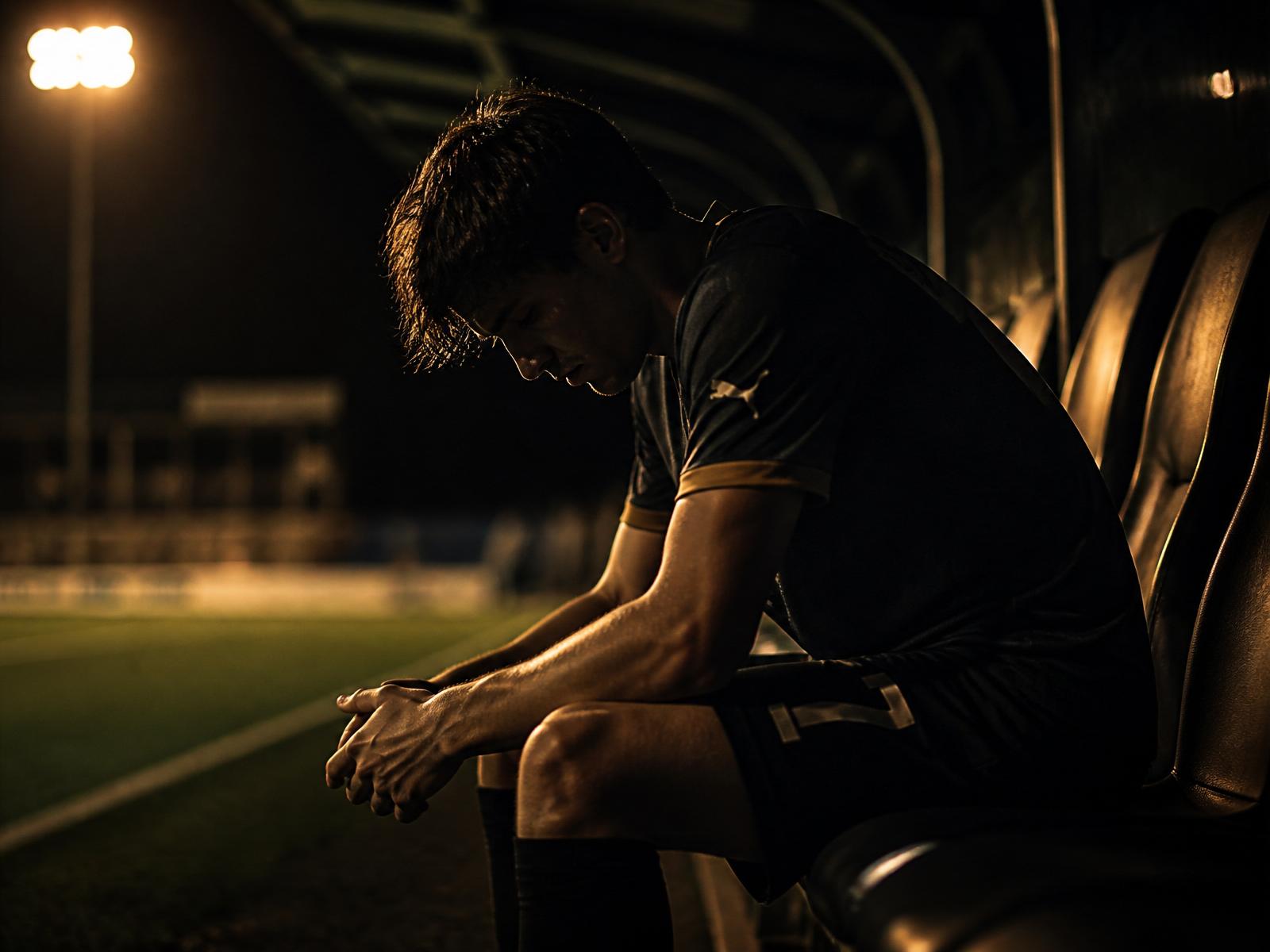Footballer sitting alone on a floodlit stadium bench at night